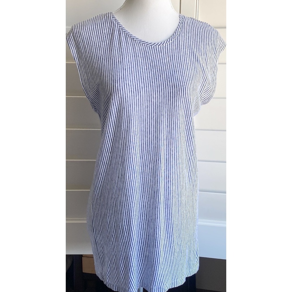 Tahari 100% Linen Navy Stripe‎ Tunic Top L Nautical Coastal Button Back Coastal